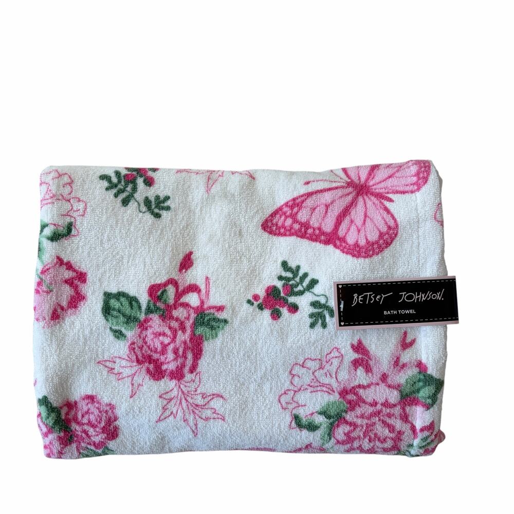 Betsey Johnson Pink Floral Butterfly Bath Towels 2pc Set 100% Cotton Plush NEW